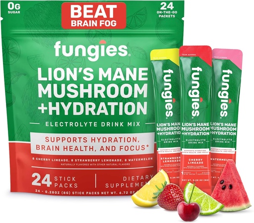 [BRSRAYIYCV7RU23D] Fungies Electrolyte Drink Mix s Lion's Mane Mushroom & Essential Electrolytes, 24 Odrodové balenie - bezcukrová hydratácia Supplement prášok pre dospelých pre zdravie a zaostrenie mozgu - Huba Supplement