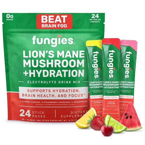 [BRSRAYIYCV7RU23D] Fungies Electrolyte Drink Mix with Lion's Mane Mushroom & Essential Electrolytes, 24 Variety Pack - Sugar-Free Hydration Supplement Powder for Adults for Brain Health & Focus - Mushroom Supplement