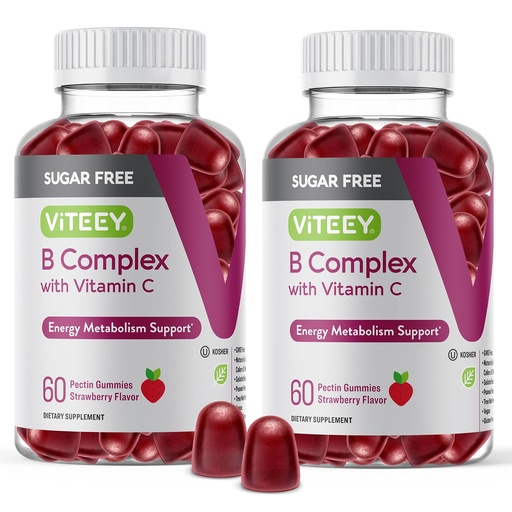 [BRSRMGT4OR6BE2AY] VITEEY Vitamin B Complex Gummies with Vitamin C, Sugar Free - Energy, Metabolism & Nerve Health - B6, B12, Folic Acid, Biotin - Vegan, Gelatin Free, GMO Free - Tasty Chewable Strawberry Flavored Gummy
