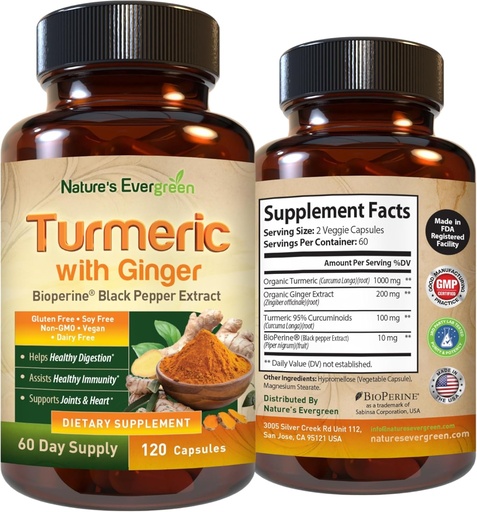 [BRSRAGAKCIIA2D3L] Turmeric con Ginger Root Joint Support Suplemento Silencio Turmeric Curcumin Suplemento 95% Curcuminoides Silencio Contiene Turmeric Orgánica " Ginger con Black Pepper Extract for Max Absorption