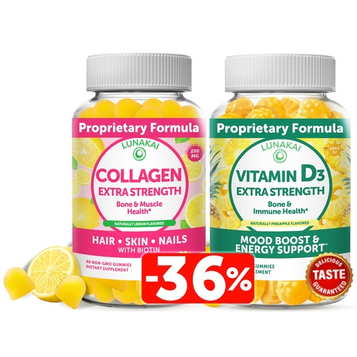 [BRSW2HALCEBGCAY3] Lunakai Collagen and Vitamin D3 Gummies Bundle - Non-GMO Anti Aging Supplements for Men & Women - Immunity, Bone and Mood Support Gummy for Adults - 30 Days Supply