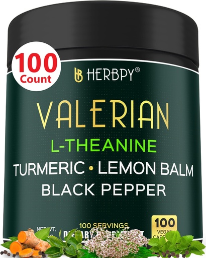 [BRSRA2YYCJ7R42D2] Herbpy 5in1 Valerian Root Capsules Plus L-Theanine, Lemon Balm, Turmeric and Black Pepper for Relaxation, Restful Night, Digestion & Immune Support - 100 Count