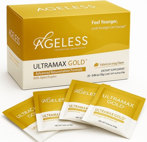 [BRSWIYQLOQFGYF3C] Ageless UltraMAX Gold - HGH Anti-Aging Addition за жени и мъже - Подмладява кожата, възстановява младежкия външен вид, повишава енергията и съня, ефервесцентен прах - Валенсия Оранжев аромат - 22 пакетчета
