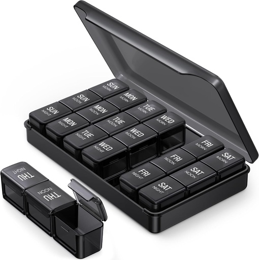 [BRSRAEABA4MBGC33] PULIV Pill Organizer 3 Times a Day in Black Color for Privacy Protection, Portable Weekly Pill Box 7 Day for Travel, Large Light-Proof Pill Case for Vitamins, Medications, Supplements and Fish Oils