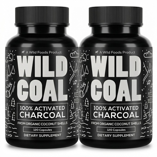 [BRSWGEAQAR6BUE3P] Wild Foods Activated Charcoal Capsules | 100% Organic Coconut Shells Active Tablets for Bloating Relief | Lab Tested & Non-GMO Detox Pills | USA (Two Bottles - 120 Capsules)