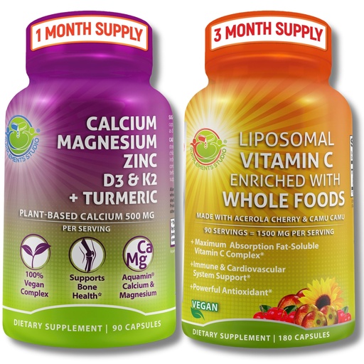 [BRSRAHAYCBYGMCDV] Plant-Based Bone & Immune Support Supplement Bundle – Liposomal Vitamin C 1500mg with Organic Acerola & Camu Camu + Calcium Magnesium Zinc with Vitamin D3, K2 & Turmeric – Vegan, Non-GMO