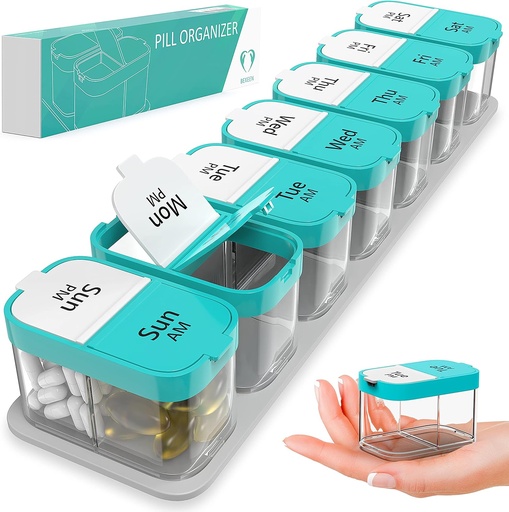 Extra Large Weekly Pill Organizer - XL Vitamin Holder with 7 Detachable AM PM Compartments - dispensador de medicina portátil para el hogar y el viaje, gran contenedor de suplemento para uso semanal o diario, menta