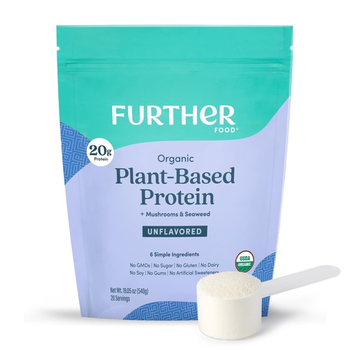 [BRSROCD3AEBAKCYV] Further Food Organic Vegan Protein Powder Unflavored – 20g Pea Protein with Mushrooms & Seaweed, Non-GMO, Gluten Free, Sugar Free, 20.46 Oz
