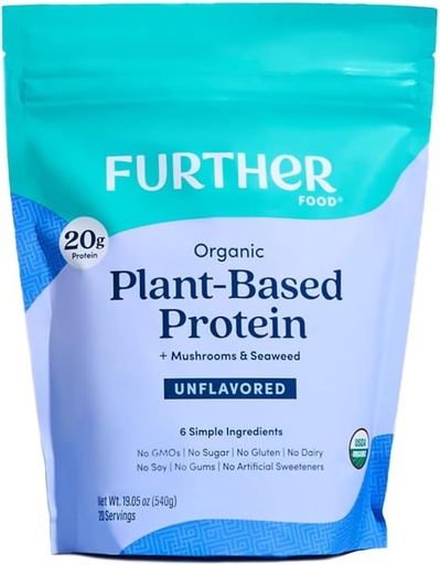 [BRSROCD3AEBAKCYV] Further Food Organic Vegan Protein Powder Unflavored - 20g of Plant Based Protein, Organic Protein Powder with Mushrooms & Seaweed, Vegan, Non GMO, Gluten Free, Dairy Free 19.05 Oz