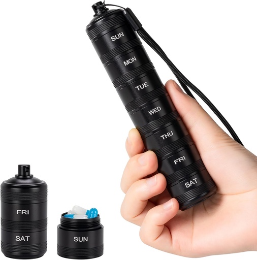 [BRSRAZQTOQPQ4DTJ] Portre Metal Weekly Pill Organizer - Sular Pill Box, Small Compact Travel Week Alüminyum Alloy Konteyner, 7 Günlük Tıp Küçük Piller için Organize Kazananlar, Black S