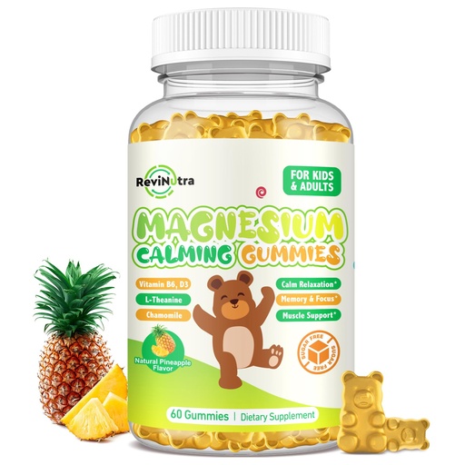 [BRSRA2YLC57BO3YU] Magnesium Gummies for Kids - Magnesium Glycinate Gummies Supplement with L-Theanine, Vitamin B6, D3 for Adults & Kids, Calm Magnesium for Sleep, Relaxation, Brain, Bones,Sugar Free Pineapple 60ct