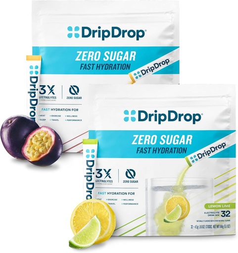 [BRSRMGQTCIDWC3DG] DripDrop Hydration - Electrolyte Powder Packets - Lemon Lime & Passion Fruit Zero Sugar Bundle - 64 Count