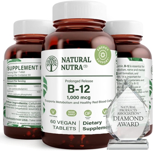 [BRSWIZYYBQCA4EL4] Natural Nutra Vitamin B12 1000 mcg, Cobalamin B 12 Supplement, Calcium Phosphate, Help in Metabolism Health, Supports Nervous System, Optimal Absorption, Gluten Free, Sugar Free, 60 Vegan Tablets