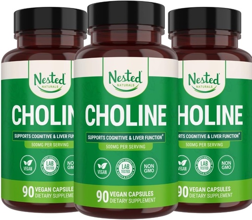 [BRSRAYAZBF5RYHL6] Nested Naturals Choline Bitartrate 500mg | High Potency Choline Supplements | Supports Cognitive Performance & Liver Function | 100% Vegan & Non-GMO | (3-Pack)