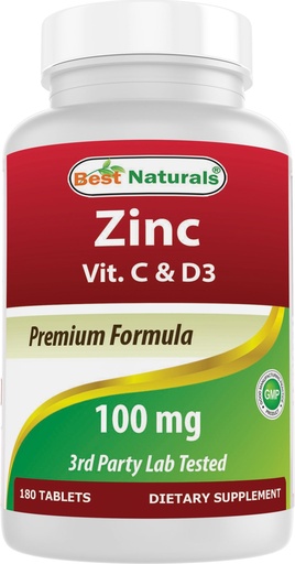[BRSRA2YCBUMBEALV] Best Naturals Zinc 100 mg with Vitamin C & D3 180 Tablets Gluten Free and Non-GMO