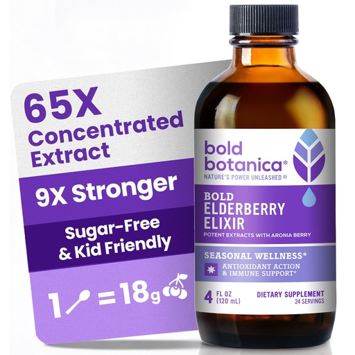 [BRSW2ZLYB4DQ4FDJ] Bold Botanica Elderberry Elixir – 65X Concentrated Extract – Sugar-Free & Kid Friendly – Immune Support Elderberry Syrup for Kids & Adults with Aronia Berry & Monk Fruit – 4 fl oz