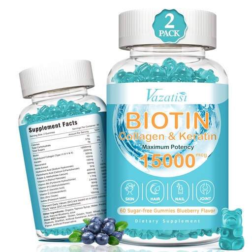 [BRSROYAHPMPQKAIU] Biotin with Collagen Gummies, Hair Skin and Nails Vitamins Gummies for Hair Growth, Glowing Skin & Strong Nails - Blueberry Flavor, Sugar Free, 120 Count