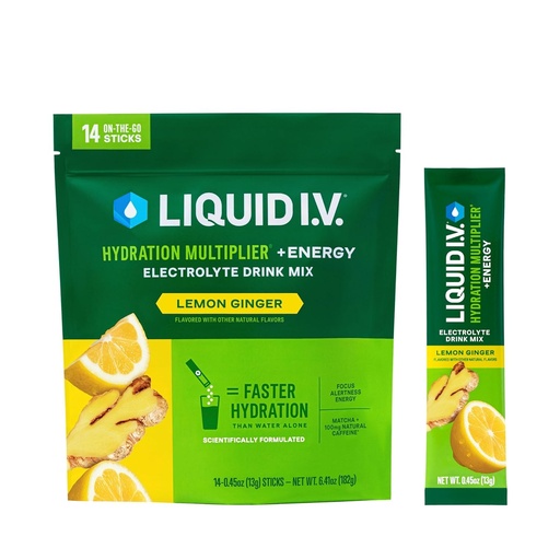 [BRSWYZ35BYNQE3T2] Liquid I.V.® Hydration Multiplier +Energy - Lemon Ginger | Electrolyte Powder Drink Mix | 1 Pack (14 Servings)