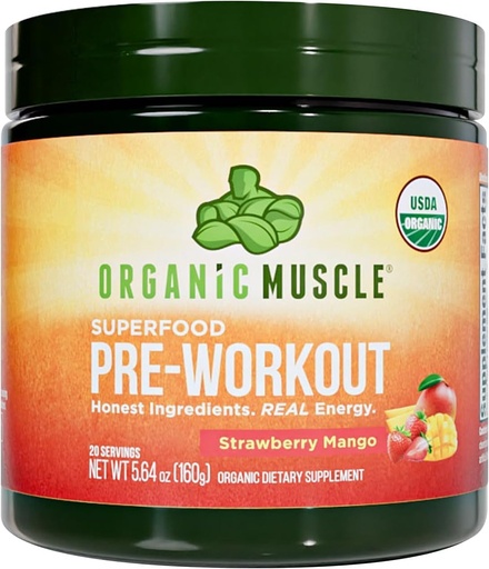 [BRSWGBTYORYAAE3A] Organic Muscle Organic Pre Workout Powder, Strawberry Mango — USDA Organic Superfood Blend | Maca, Beet Root, Cordyceps, Rhodiola | 150mg Natural Caffeine, Vegan, No Jitters, 20 Servings