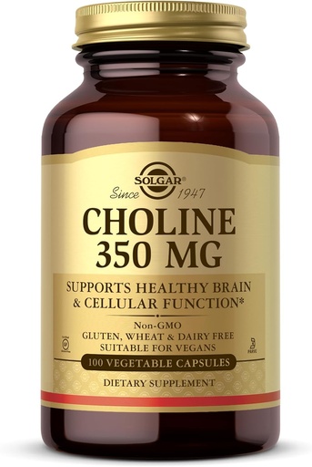 [BRSWIYTYO4HQACDG] Solgar Choline 350 mg - 100 Vegetable Capsules - Non-GMO, Vegan, Kosher - 100 Servings