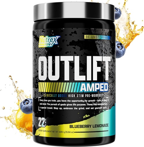 [BRSROFI7DINQMETA] OUTLIFT Amped Max Dosed HIGH STIM Pre Workout Powder, 6G Citrulline, 3.2G Beta Alanine, Alpha GPC, CognatiQ, Extreme Energy, Massive Pumps, Electrolytes, Nootropics Blueberry Lemonade - 22 Serv