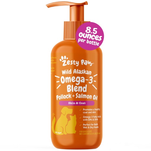 [BRSROCQCBUCR6FDV] Zesty Paws Wild Alaskan Omega-3 Blend Pollock + Salmon Oil for Dogs and Cats- Skin and Coat Support, Omega 3 Supplement for Pets, 8.5oz