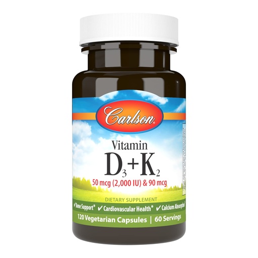 [BRSWGYAEBAORGH3G] Carlson - Vitamin D3 + K2, 50 mcg (2000 IU) Vitamin D3 & 90 mcg Vitamin K2 as MK7, Bone Support, Calcium Absorption, 120 Capsules