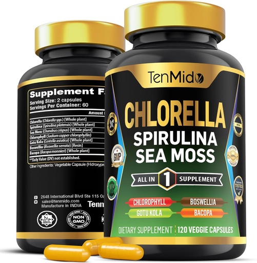 [BRSRAFAYOUIWO23H] Хлорела добавка за мъже и жени - 7in1 Формула със Spirulina, Sea Moss, Chrophyll, Gotu Кола, Boswellia & Bacopa - Имунна поддръжка - Богата на хранителни вещества, Витамини - 120 капсули