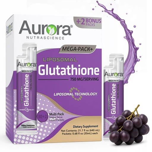 [BRSW2AL3BEAQY23O] Aurora Nutrascience Mega-Pack Liposomal Glutathione - 750 mg Liquid Supplement, Antioxidant Support for Men & Women, Sugar Free, Non-GMO, Liposomal Glutathione Packets - 32 Single Serve Packets