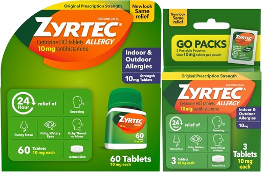 [BRSRAHQQPIBBS33F] Zyrtec 24 Hour Allergy Relief Tablets, Indoor and Outdoor Allergy Medicine with 10 mg Cetirizine HCl per Antihistamine Tablet, Bundle Pack, 60 ct + 3 ct Travel Packs, 63 Count