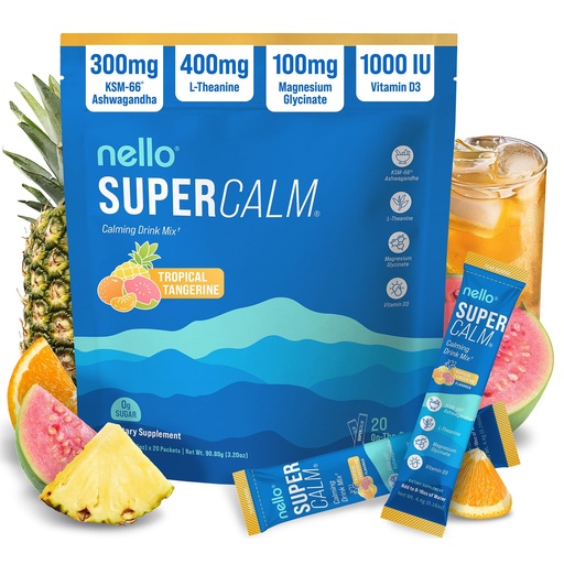 [BRSRA2QCOYBA2DT2] Nello Supercalm Powdered Drink Mix, Cortisol Reducer* and Sleep Aid Supplement, L Theanine, Ksm-66 Ashwagandha, Magnesium Glycinate, Vitamin D 3, No Sugar, Non GMO, 20 Ct, Tropical Tangerine
