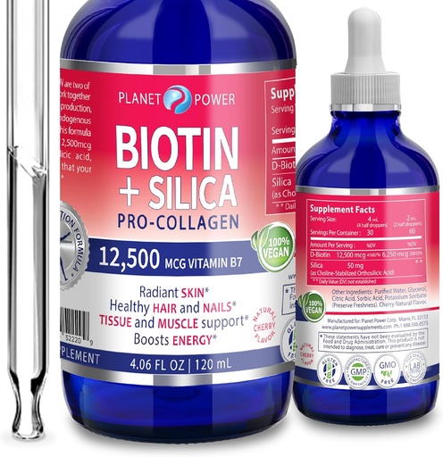 [BRSRMYYZCV4G2AAZ] Vegan Liquid BIOTIN with Silica Pro-Collagen 12,500mcg. Supports Healthy Hair, Glowing Skin, Strong Nails. Boost Energy. For Men and Women–Concentrated Formula. Natural Cherry Flavor. 4oz