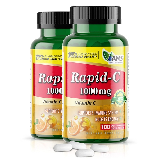 [BRSWYAYNCQHGKAA2] America Medic & Science Rapid-C 1000mg Vitamin C Supplement (2 Pack of 100 Tablets) Energy Booster, Daily Immune System Support, Antioxidant | Vegan, Non-GMO Coated Ascorbic Acid for Adult Men & Women