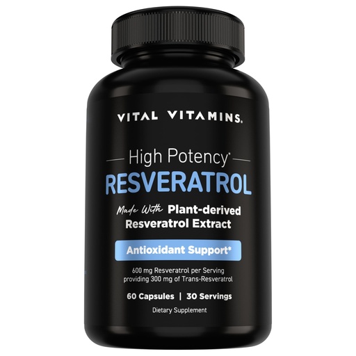 [BRSRAZAHPIBBUCQ7] Vital Vitamins Resveratrol Supplement - Antioxidant Support, Cellular Longevity, Cognitive Function - 60 Capsules