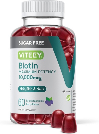 [BRSRMH3YBN5B6AD2] Viteey Biotin Gummies for Hair, Skin, and Nails 10,000mcg - Sugar Free - Hair Growth Gummies, Healthy Skin Glow, Strong Healthy Nail Growth - Vegan, Gluten Free, Gelatin Free- Tasty Berry Flavor