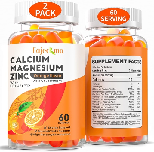 [BRSRAH36CUCR6FLF] Kalsium Magnesium Sink Gummies for voksne: Økologisk 1000 mg Kalsium Citrate Magnesium Supplement med D3 B12 - Sukkerfri høy absorpsjon Supplement for kvinner menn (60 Count(Pack of 2))