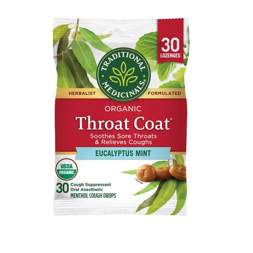[BRSRAYLRAQBGM2DU] Traditional Medicinals Throat Coat Organic Cough Drops, Eucalyptus Mint with Menthol, Soothes Sore Throats & Relieves Coughs, 30ct.