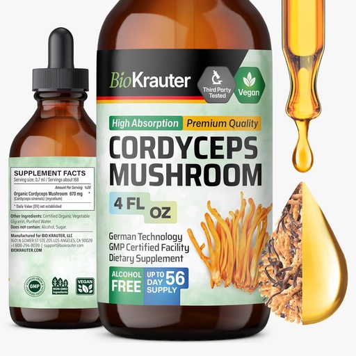 [BRSWYEI2OIDREGTK] BIO KRAUTER Cordyceps Extrait de champignons - Cordyceps Sinensis Extrait de champignons liquides - 670 mg par portion - Vegan, sans alcool et sans sucre - 4 Fl.Oz.