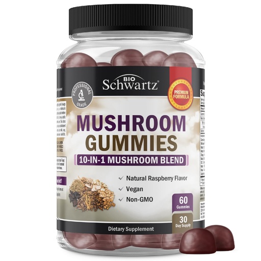 [BRSRAYI6CQFBACTL] Mushroom Gummies for Adults - 10-in-1 Functional Mushroom Supplement for Mood and Focus with Lions Mane Turkey Tail Cordyceps Shiitake Reishi - Vegan, Non-GMO, Fresh Raspberry Flavor, 60 Count