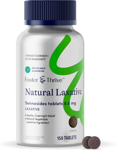 [BRSRAGIDPINA2FIY] Foster & Thrive Senna Laxative, 150 Tablets, Natural Vegetable Ingredients, Day and Overnight Bowel Relief for Constipation, Bloating, Irregularity, Comparable to Senokot-S