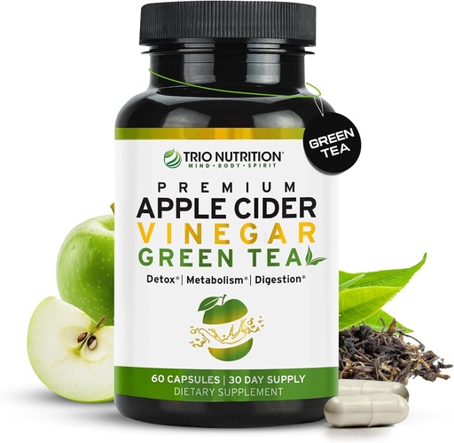 [BRSW2AYNCR7RMELF] TRIO NUTRITION Cápsulas de vinagre de sidra de manzana con té verde - Píldoras de vinagre de sidra natural con la madre para la limpieza corporal, inmune, gestión de peso &amp; metabolismo Booster*