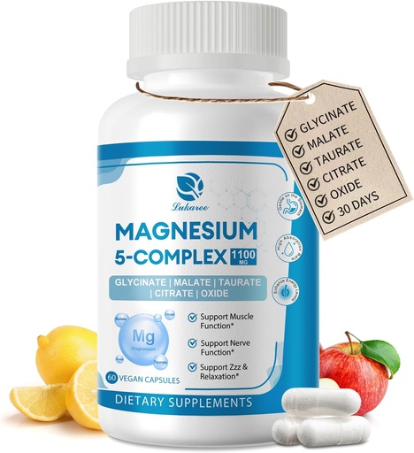 [BRSROAA7AEGROA3O] 5-in-1 Magnesium Complex Supplement with Vitamins & Herbal Extracts, 30 Days Supply with Magnesium Glycinate Citrate Malate Taurate Oxide for Calm Bone Muscle Energy Cortisol Balance, Vegan