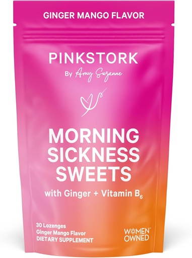 [BRSWGFQPDMHBOALK] Pink Stork Morning Sickness Sweets, Organic Mango Ginger Candy with Vitamin B6 for Morning Sickness, Motion Sickness, Prenatal Heartburn - Pregnancy Must Haves - 30 Wrapped Drops