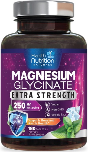 [BRSW2H3QOUNWEH37] Magnesium Glycinate 250mg Per Serving - High Absorption 100% Chelated Magnesium Formula - Muscle, Nerves, Bone & Heart Health Support Supplement, Gluten-Free Non-GMO Vegan - Bottled USA - 180 Tablets