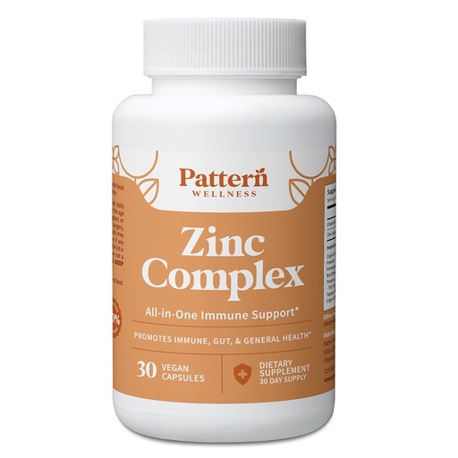 [BRSRMAIRCAPRY23U] Pattern Wellness Zinc Complex – Supports Immune, Skin & Digestive Health – High Absorption Zinc with Vitamin C, Probiotics & Natural Blends – 30 Vegan Capsules