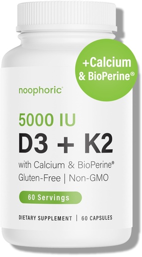 [BRSROBIQBV6BOALF] Noophoric Vitamin D3 K2 5000 IU, D3 with K2 MK7, Vitamin D3 K2 Capsules with Calcium and BioPerine, Non GMO Gluten Free Soy Free, 60 Capsules