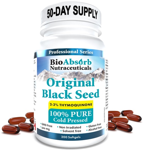 [BRSWGBDYAQDQYFL6] Bio Absorb Black Seed Oil Cold Pressed Capsules. 200 softgels, 500mg (50-Day Supply). No Aftertaste.