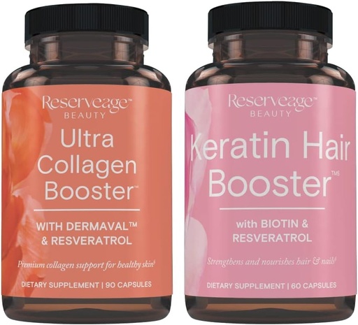 [BRSRMBTRBNYGGDTA] Reserveage Ultra Collagen Booster & Keratin Hair Booster - Features Dermaval, Biotin & Resveratrol - Support Hair & Skin - 90 Ultra Collagen Capsules, 60 Keratin Capsules