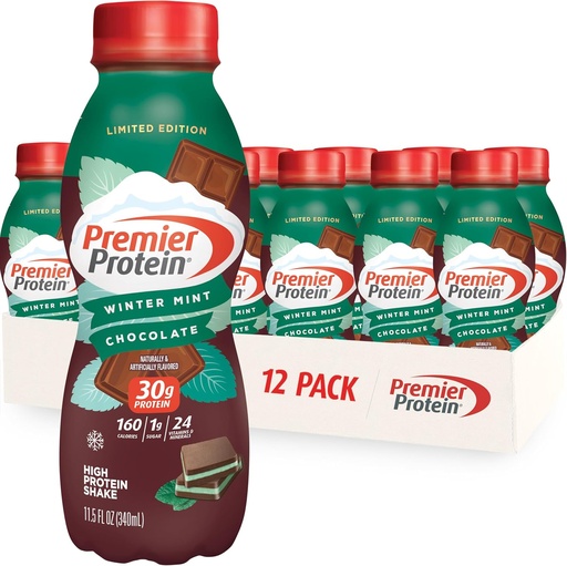 [BRSRAFQQA4HBOCTJ] Premier Protein Shake, Limited Edition Winter Mint Chocolate, 30g Protein, 1g Sugar, 24 Vitamins & Minerals, Nutrients to Support Immune Health, 11.5 oz, 12 Pack