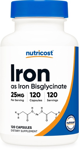 [BRSROBACAB4A4HT3] Nutricost Iron Bisglycinate Supplement (25mg) 120 Capsules - from Ferrous Bisglycinate Chelate - Non-GMO & Gluten-Free